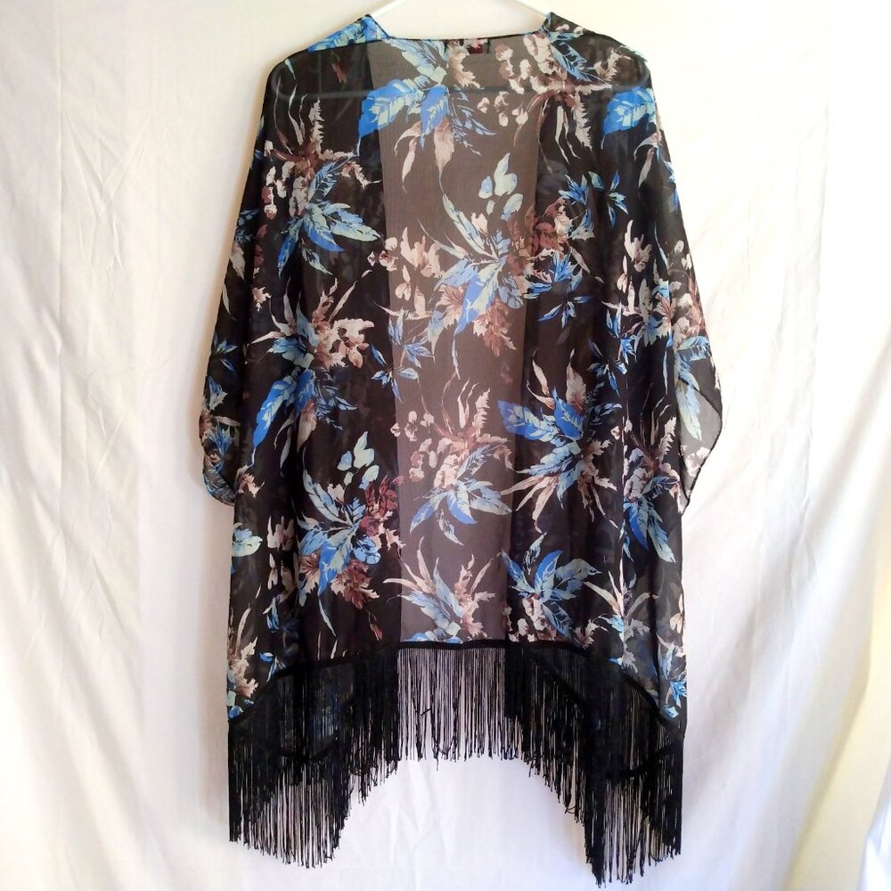 Soul Young Black Floral Sheer Kimono Duster Beach Cover-Up XL Boho Cottagecore - Picture 6 of 10
